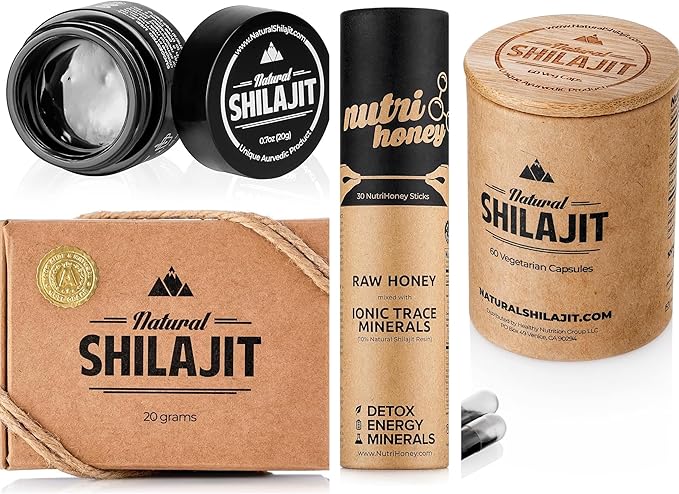 NATURAL SHILAJIT Resin 20G, Shilajit Honey Sticks 30 Count Capsules 60 Count