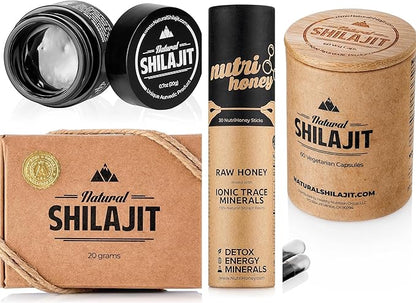NATURAL SHILAJIT Resin 20G, Shilajit Honey Sticks 30 Count Capsules 60 Count