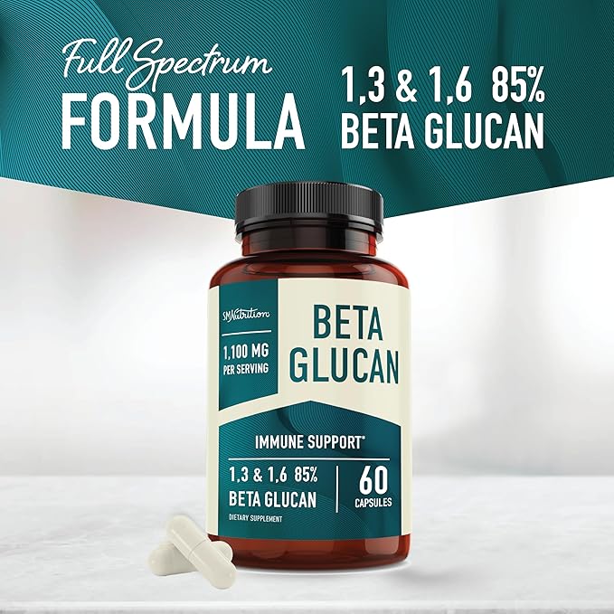 Beta Glucan Supplement 1100mg for Immunity, Skin & Gut Support | 1,3D & 1,6 Beta Glucans Extra Strength Formula | 85% Concentrated & Over 500mg Per Capsule | Non-GMO, Vegan, Gluten-Free 60ct