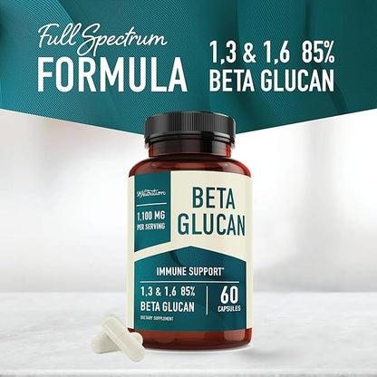 Beta Glucan Supplement 1100mg for Immunity, Skin & Gut Support | 1,3D & 1,6 Beta Glucans Extra Strength Formula | 85% Concentrated & Over 500mg Per Capsule | Non-GMO, Vegan, Gluten-Free 60ct