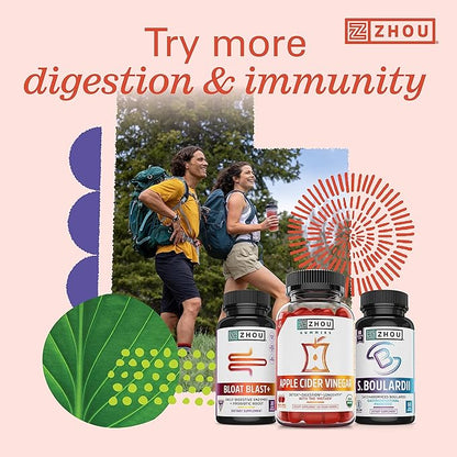 ZHOU Nutrition Gut Guru Prebiotics and Probiotics for Women and Men, 2 in 1 Probiotic and Prebiotic Gummies for Digestive Gut Health and Immune Support, Vegan, Gluten Free, Non-GMO, 60 Count
