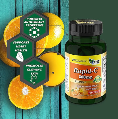 America Medic & Science Rapid-C 500mg Vitamin C Supplement (2 Pack of 100 Tablets) Energy Booster, Daily Immune System Support, Antioxidant | Vegan, Non-GMO Coated Ascorbic Acid for Adult Men & Women