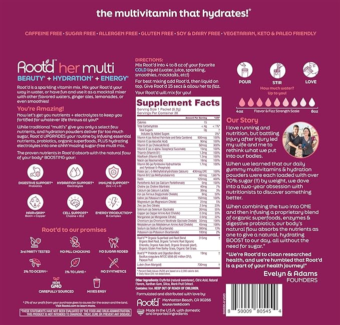 Root'd Multivitamin Powder for Women - 25 Vitamins & Minerals with 3X Electrolytes, 9 Organic Superfoods, Probiotics & Enzymes, Sugar-Free Multivitamin & Hydration | 30 Vitamin Drink Mix Packets