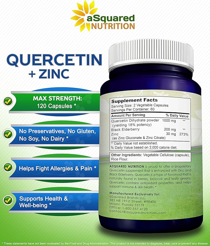 aSquared Nutrition Quercetin 1000mg with Zinc Supplement - 120 Capsules - Quercetin Dihydrate with Black Elderberry & Zinc - Max Strength Powder Complex Pills to Help Improve Immune Response