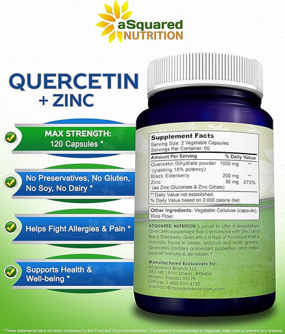 aSquared Nutrition Quercetin 1000mg with Zinc Supplement - 120 Capsules - Quercetin Dihydrate with Black Elderberry & Zinc - Max Strength Powder Complex Pills to Help Improve Immune Response