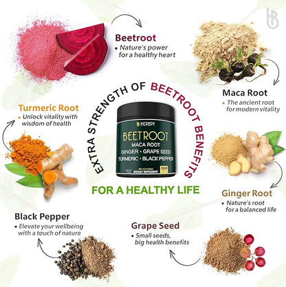 6in1 Beet Root Capsules with Maca Root, Grape Seed, Ginger, Turmeric and Black Pepper for Heart Health & Immune Support - 100 Vegan Capsules