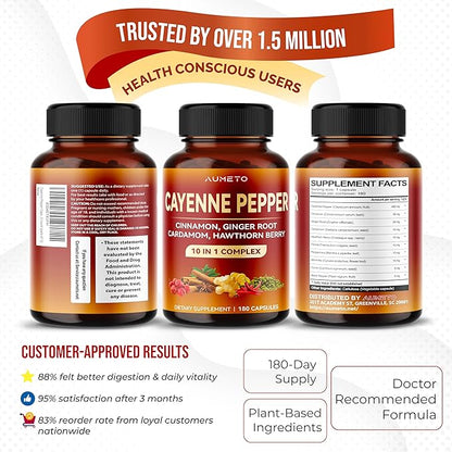 Cayenne Pepper Capsules - Ultra Complex with Cinnamon, Ginger, Cardamom, Hawthorn Berry - Support Digestion, Circulation & Overall Wellness (180 Count (Pack of 1))