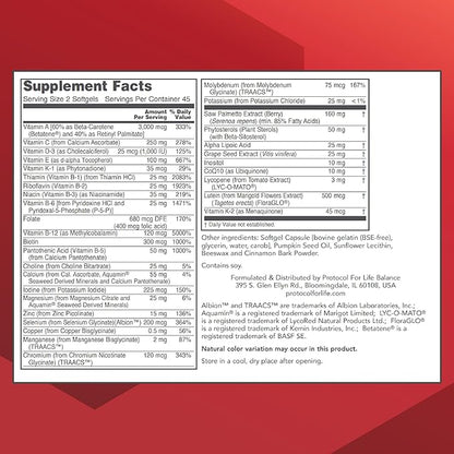PROTOCOL FOR LIFE BALANCE Ortho Multi Softgels for Men - Multivitamin for Prostate Health - with Saw Palmetto, Zinc & CoQ10 - Men Daily Multivitamin - Iron Free - 90 Softgels