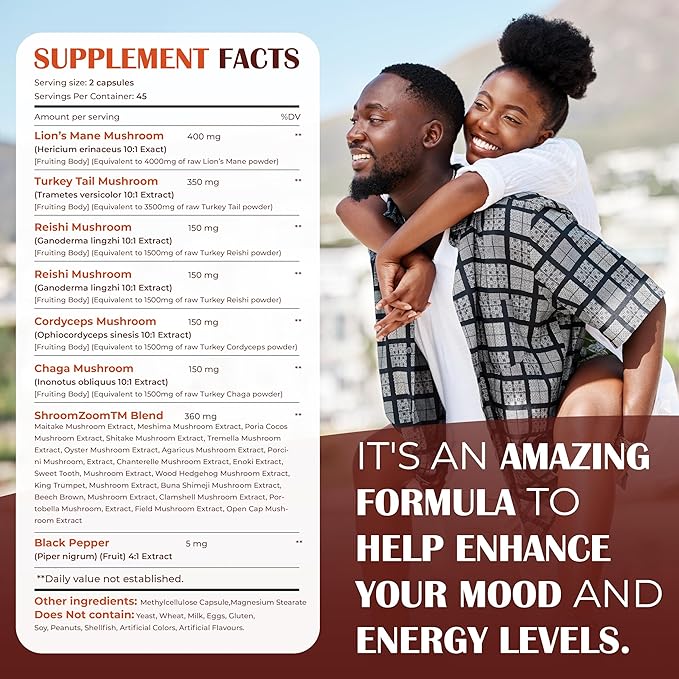 Extra Strength Lions Mane 4000mg Mushroom Supplement Turkey Tail 3500mg (Reishi, Cordyceps, Chaga 1500mg each) Maitake Meshima Poria Cocos Shiitake Oyster Porcini Enoki 90 Capsules Made In USA