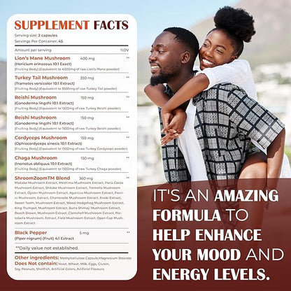 Extra Strength Lions Mane 4000mg Mushroom Supplement Turkey Tail 3500mg (Reishi, Cordyceps, Chaga 1500mg each) Maitake Meshima Poria Cocos Shiitake Oyster Porcini Enoki 90 Capsules Made In USA