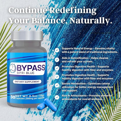 Bypass BPRI Blue - Next Step in The BPRI Series - 30 Caps - Featuring Aloe Vera, Ginger, Sarsaparilla Root, Green Tea, Dandelion, Horsetail, and More - 500mg per Capsule.