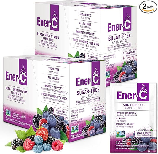 Ener-C Sugar Free Multivitamin Drink Mix - Vitamin Powder for Water, Electrolytes Powder No Sugar, Hydration Boost Packets, Zero Sugar, Vitamin C & B12 Supplement Liquid Mix - Mixed Berry, 60 Count