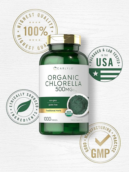 Carlyle Chlorella Tablets Organic 500 mg | 1000 Count | Vegetarian, Non-GMO, and Gluten Free Supplement