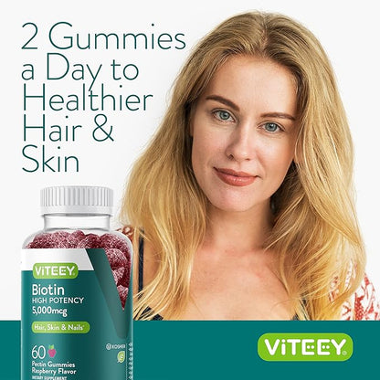 Biotin Gummies for Hair Skin Nails 5,000mcg - Hair Growth Gummies, Healthy Skin Glow, Strong Healthy Nail Growth - Vegan, Gluten Free, Gelatin Free, GMO Free - Tasty Chewable Raspberry Flavor