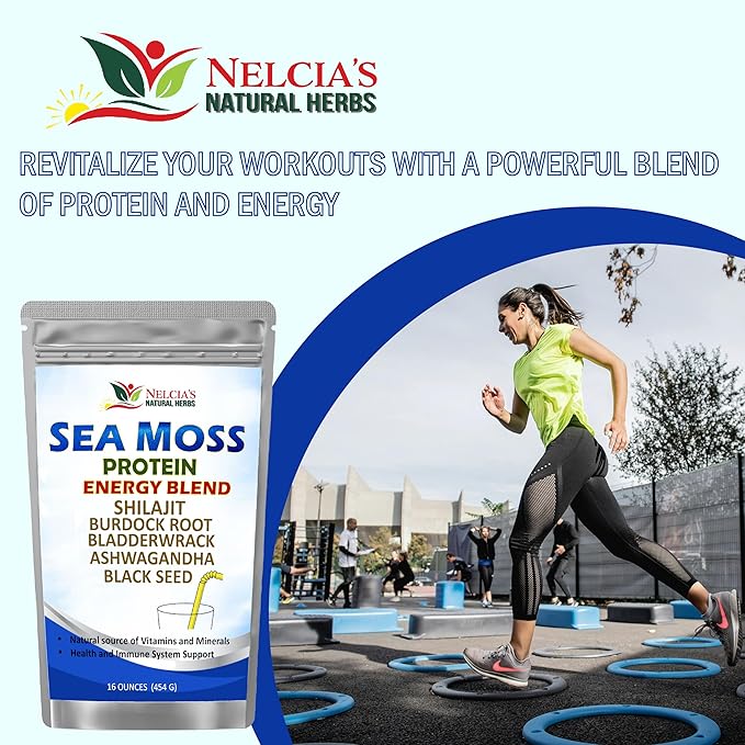 Nelcia'S Natural Herbs Sea Moss Ashwagandha Protein Powder -Natural Irish Sea Moss, Bladderwrack and Burdock Root, Black Seed and Shilajit Powder (16oz)