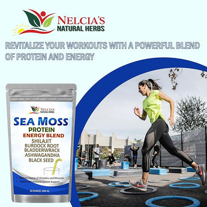 Nelcia'S Natural Herbs Sea Moss Ashwagandha Protein Powder -Natural Irish Sea Moss, Bladderwrack and Burdock Root, Black Seed and Shilajit Powder (16oz)