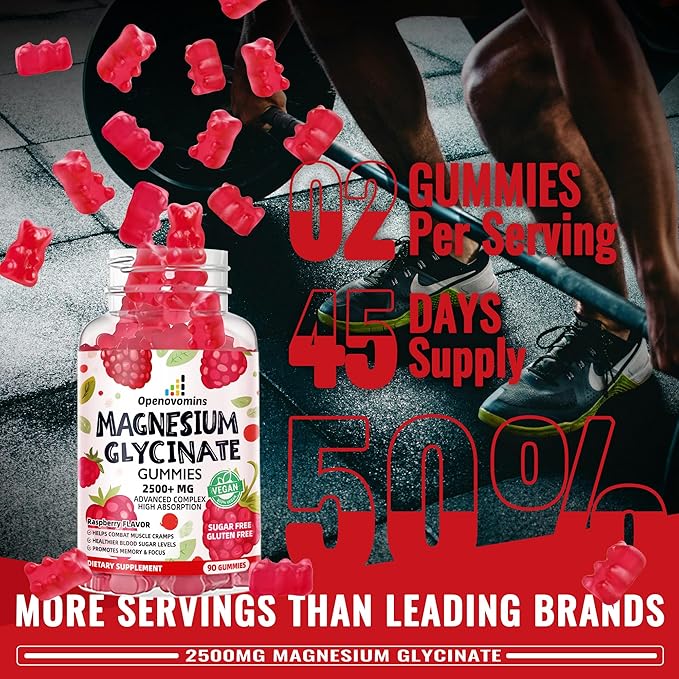 Magnesium Glycinate Gummies 2500mg - Sugar Free Magnesium Potassium Supplement with Vitamin D, B6, CoQ10 for Calm Mood & Sleep Support - 90 Raspberry Gummies