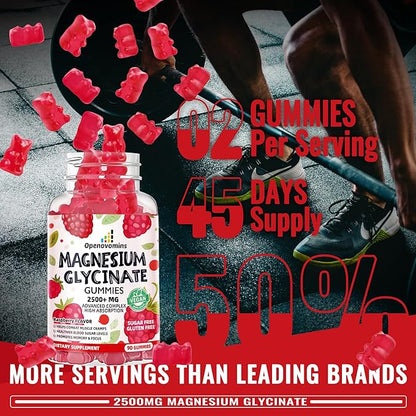 Magnesium Glycinate Gummies 2500mg - Sugar Free Magnesium Potassium Supplement with Vitamin D, B6, CoQ10 for Calm Mood & Sleep Support - 90 Raspberry Gummies