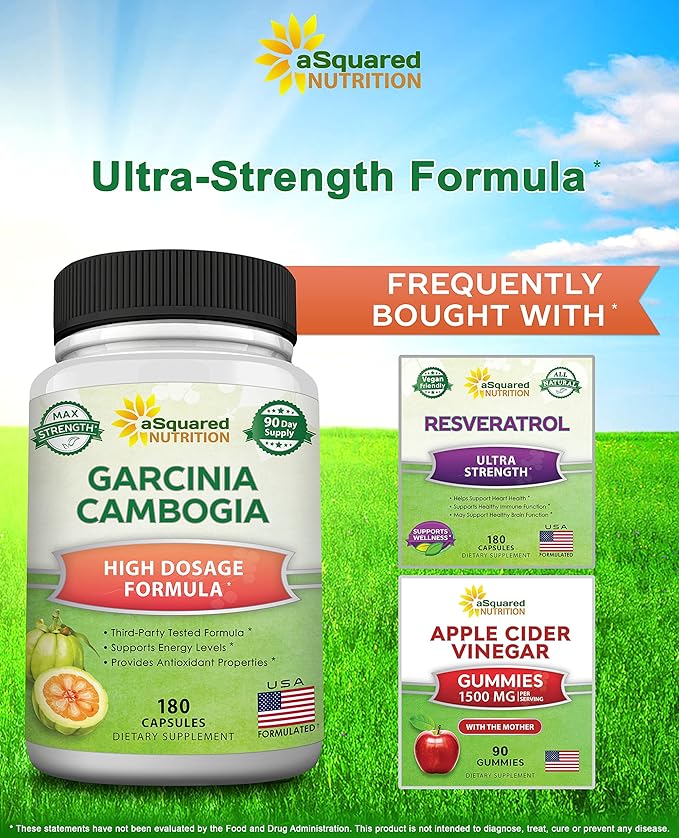 aSquared Nutrition Garcinia Cambogia 1600mg-180 Capsules-Natural Pure Extract Pills for Brain Health- Standardized Ultra HCA & Garcinia Cambogia Supplement Alternative to Gummies, Drops, Tea & Powder