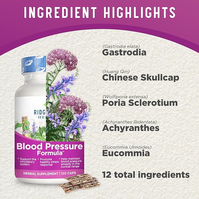 RidgeCrest Herbals Blood Pressure Herbal Formula, 12 Herbs, Poria Mushroom, Gastrodia, Gardenia, for Heart, Vascular, Circulation Health (120 Count)