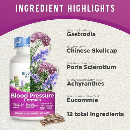 RidgeCrest Herbals Blood Pressure Herbal Formula, 12 Herbs, Poria Mushroom, Gastrodia, Gardenia, for Heart, Vascular, Circulation Health (120 Count)