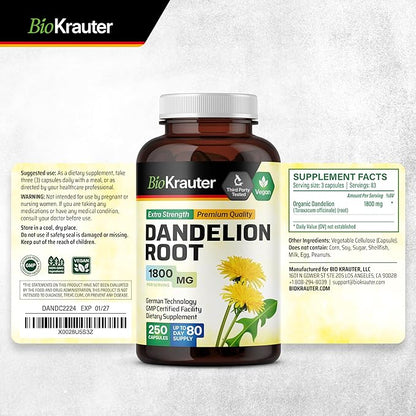BIO KRAUTER Dandelion Root Supplement - 1800 mg Strength - 250 Count - Dandelion Root Capsules - Vegan Capsules for Liver Support & Immunity