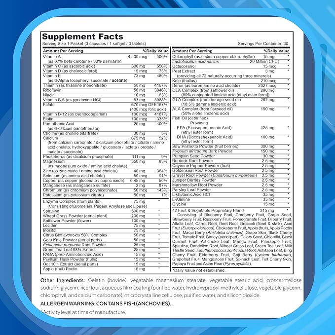 Daily 7 Essentials Men's Vitamin Pack - 7 Pack Adult Male Multivitamin & Multimineral Pack for Energy, Metabolism, Immune System Support, Prostate Support with Probiotic, Digestive Enzymes