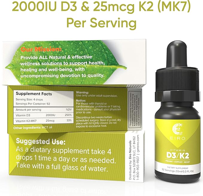 Eiro Vitamin D3 + K2 (MK7) │ D3 2000UI + K2 25mcg Per Serving │ Liquid Drop Supplement for Superior Absorption │Prevent • Support • Boost│