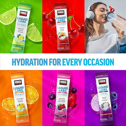 Bundle of FORCE FACTOR Liquid Labs Electrolytes Powder, Hydration Packets to Make Electrolyte Water with 5 Vitamins, Minerals, and Antioxidants, Lemon-Lime + Energy Fruit Punch Flavor, 40 Stick Packs