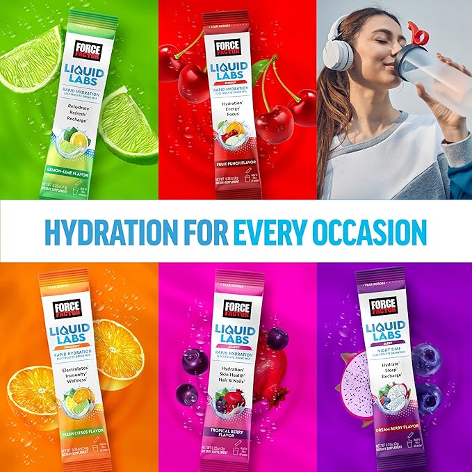 Bundle of FORCE FACTOR Liquid Labs Electrolytes Powder, Hydration Packets to Make Electrolyte Water with Vitamins, Minerals, and Antioxidants. Lemon-Lime Flavor + Tropical Fruit Flavor, 40 Stick Packs