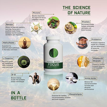 Mind Body Focus | Natural Nootropic Brain Supplement for Focus, Memory and Mood Support - Mental Clarity, Concentration and Cognitive Performance with Mucuna, Bacopa, Rhodiola, Phosphatidylcholine