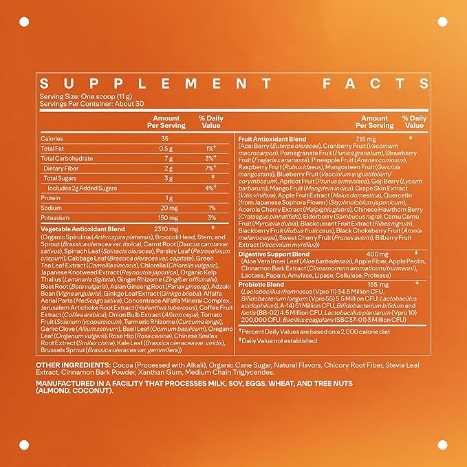 LTH Life Greens - Premium Superfood Powder with Probiotics, Enzymes, Phytonutrients & Fiber from Over 40 Fruits & Vegetables - Supports Antioxidants & Immune Health - Double Chocolate, 11.75 oz