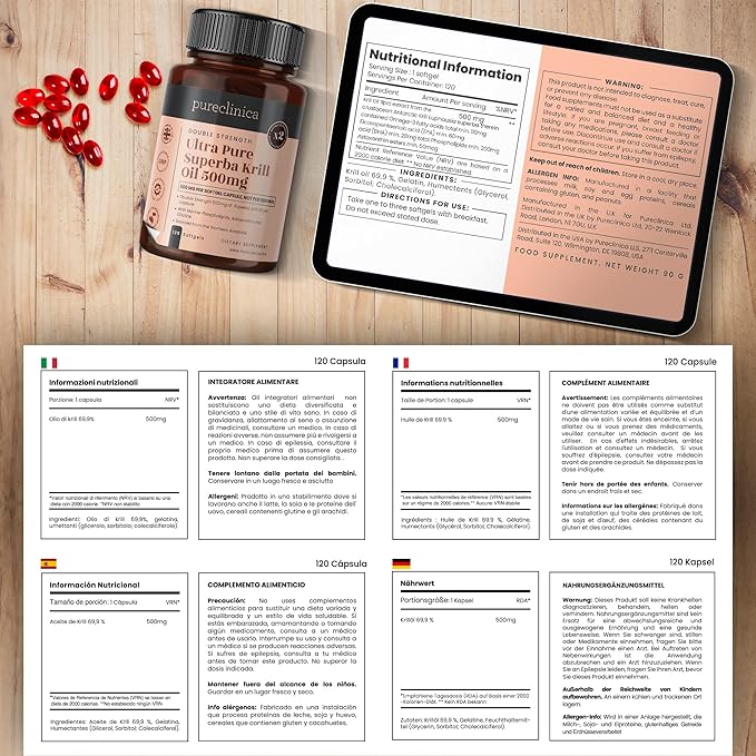 Ultra Pure Krill Oil 500mg x 240 Capsules (2 Bottles) - Sourced in The Unpolluted Waters of Antarctic Providing a Rich Supply of Astaxanthin, Omega 3, and Vitamin D