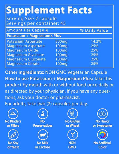 Life Strength Potassium & Magnesium Complex with Aspartate, Oxide, Glycinate, Gluconate & Citrate - 1000mg (90 Capsules)