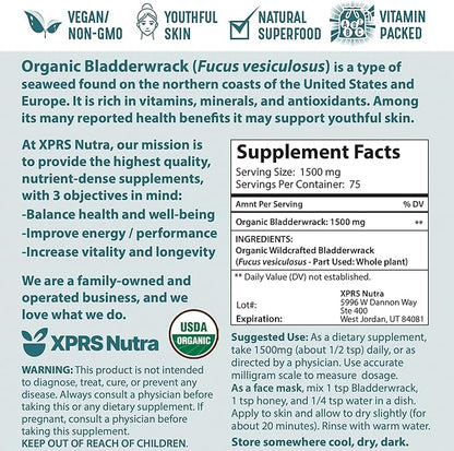 XPRS Nutra Organic Bladderwrack Powder (Fucus Vesiculosus) - Premium Bladderwrack Organic Powder for Glowing Skin - Vegan Friendly Bladderwrack Herb Iodine Supplement (4 Ounce)