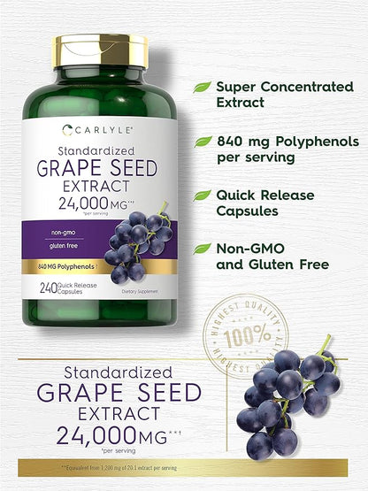 Carlyle Grape Seed Extract 24,000 mg Equivalent 240 Capsules | Maximum Strength Standardized Extract | Non-GMO, Gluten Free