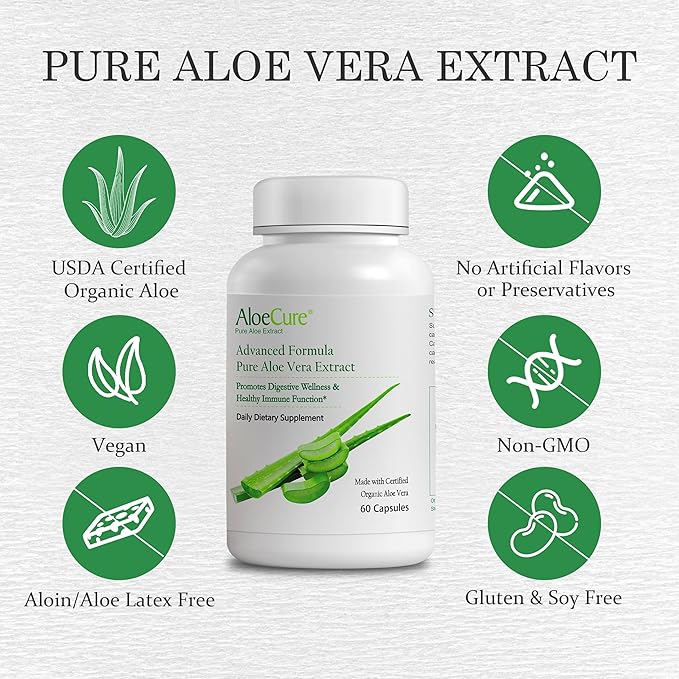 AloeCure Organic Aloe Vera Capsules, 130,000mg Inner Aloe Leaf Equivelant per Serving, Support Gut, Digestive, & Immune Health, Helps Maintain Balanced Stomach Acidity, Aloin Free, 60Caps x 3Btl