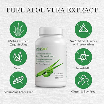 AloeCure Organic Aloe Vera Capsules, 130,000mg Inner Aloe Leaf Equivelant per Serving, Support Gut, Digestive, & Immune Health, Helps Maintain Balanced Stomach Acidity, Aloin Free, 60Caps x 2Btl