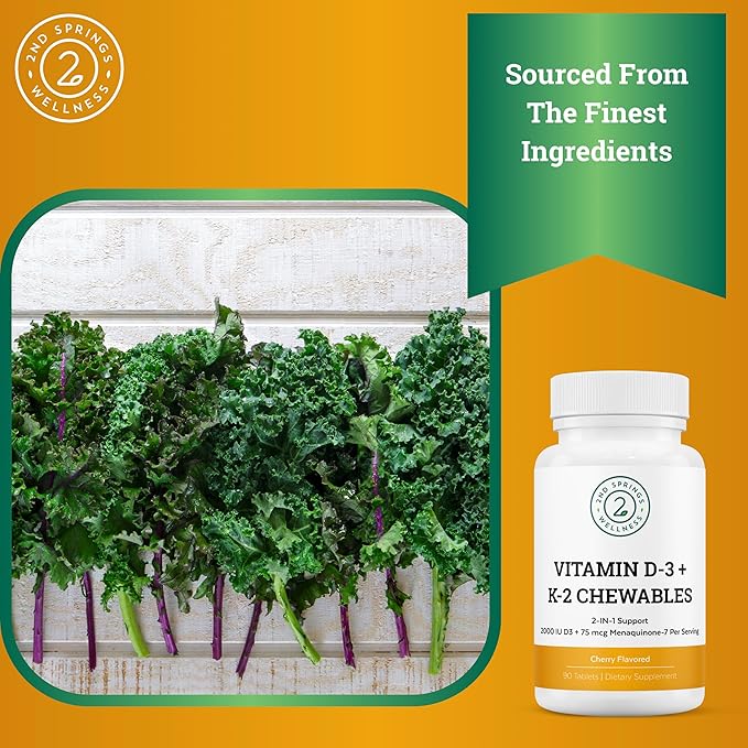 Vitamin D3 + K2 Chewables - 2000 IU Vitamin D and MK7 K2 (Menaquinone-7) - Cherry Flavored Tablets - Vitamin D + K2 Supplement for Adults and Kids