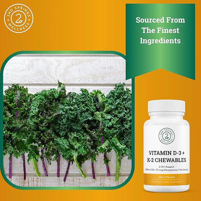 Vitamin D3 + K2 Chewables - 2000 IU Vitamin D and MK7 K2 (Menaquinone-7) - Cherry Flavored Tablets - Vitamin D + K2 Supplement for Adults and Kids