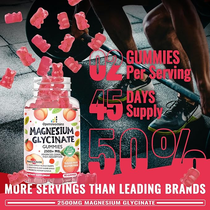 Magnesium Glycinate Gummies 2500mg - Sugar Free Magnesium Potassium Supplement with Vitamin D, B6, CoQ10 for Calm Mood & Sleep Support - 90 Peach Gummies