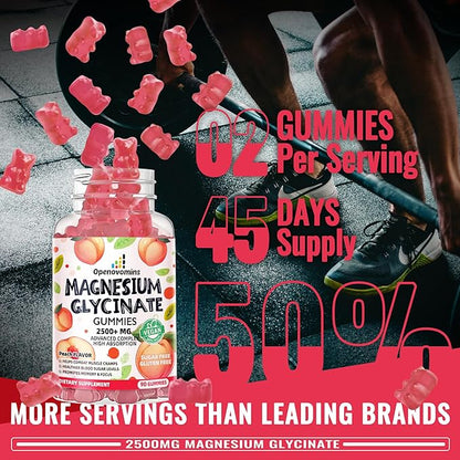 Magnesium Glycinate Gummies 2500mg - Sugar Free Magnesium Potassium Supplement with Vitamin D, B6, CoQ10 for Calm Mood & Sleep Support - 90 Peach Gummies