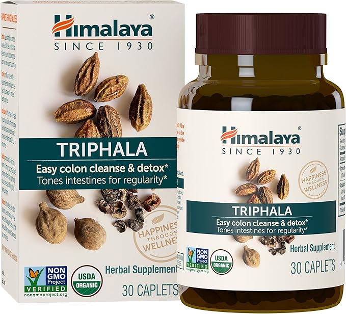 Himalaya Organic Triphala Herbal Supplement for Colon Cleansing, Supports Regularity, Occasional Bloating, Waste Elimination, USDA Organic, Non-GMO, Vegan, 688 mg, 30 Plant-Based Caplets