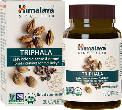 Himalaya Organic Triphala Herbal Supplement for Colon Cleansing, Supports Regularity, Occasional Bloating, Waste Elimination, USDA Organic, Non-GMO, Vegan, 688 mg, 30 Plant-Based Caplets