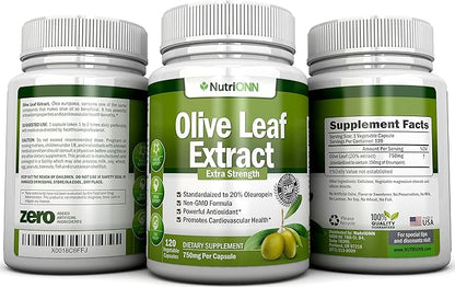 Olive Leaf Extract - 750 Mg - 120 Capsules - Extra Strength - 20% Oleuropein - Non-GMO Formula - Premium Quality From Pure Olive Leaves - Powerful Antioxidant - Great for Heart, Skin and Brain
