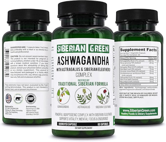 Organic Ashwagandha Root with Astragalus & Siberian Eleuthero Ginseng Complex 60 Capsules Powerful Herbal Support