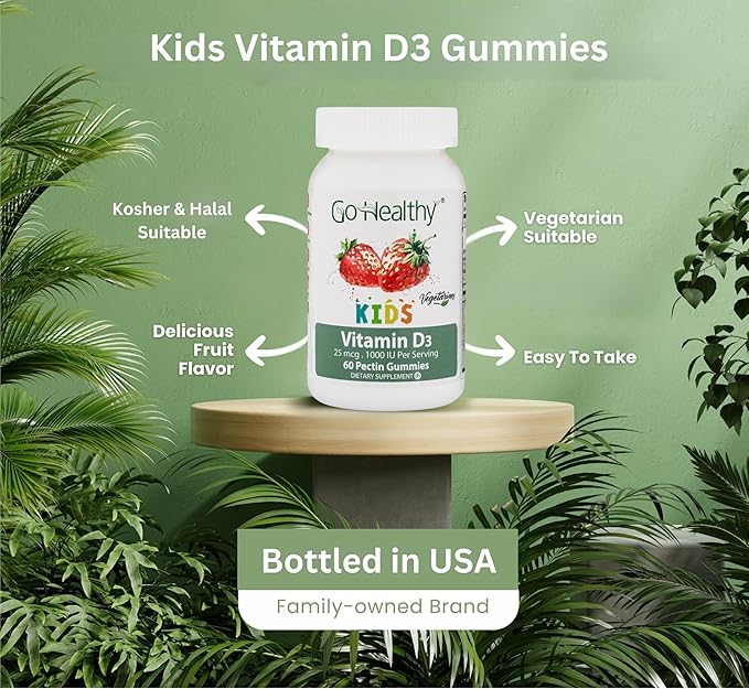 Go Healthy Kids Vitamin D Gummies – Toddler & Children's Chewable Supplement, Growth & Immune Support – Kosher, Halal, Non-GMO, Gluten-Free, Delicious Fruit Flavor - 60 Servings