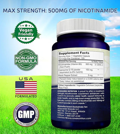 Nicotinamide with CoQ10 (120 Capsules) - Vitamin B3 500mg (Niacinamide Flush Free) - Coenzyme Q10 Powder - VIT B-3 & Coq 10 Supplement Pills to Support Energy, NAD, & Skin Cell Health