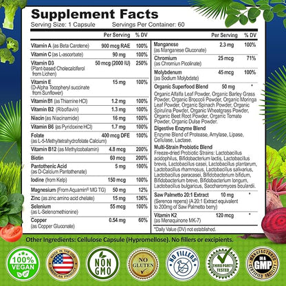 Men's Daily Multivitamin – Vegan Methylated Multivitamin for Men with Saw Palmetto, Biotin, Organic Superfoods, Probiotics & Enzymes – Energy, Gut & Optimal Health Support – Easy to Swallow Capsules