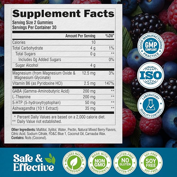 Stress Relief Support 500 mg - Relax, Calm & Sleep Support - Stress Gummies with L-Theanine | GABA | Ashwagandha | 5-HTP | Vitamin B6 & Magnesium - Sugar-Free, Vegan, Mixed Berry Flavor - 60 Gummies